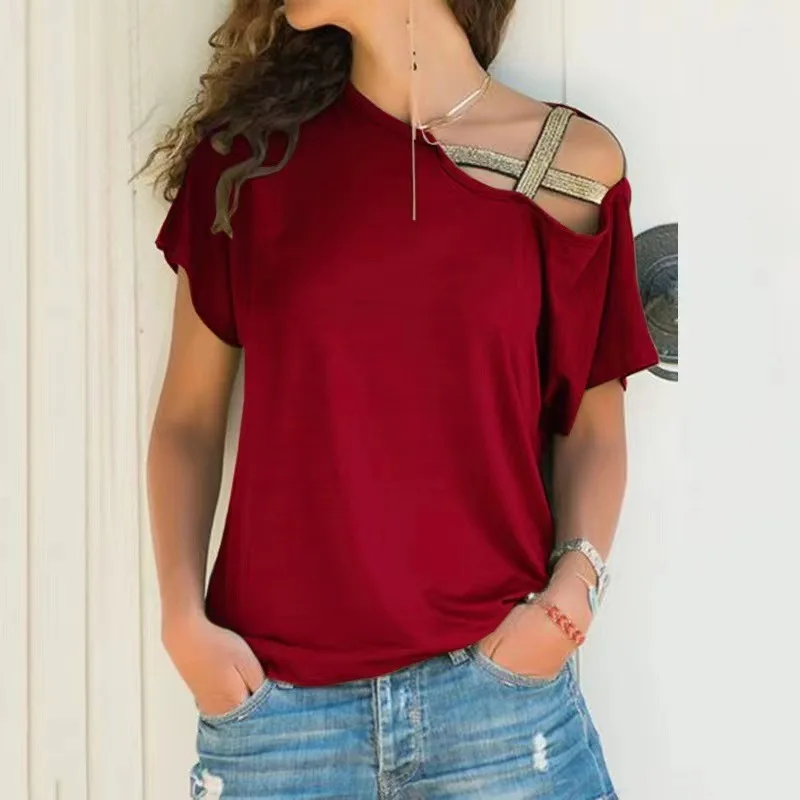 Summer New Fashion Casual Cross Shoulder Irregular Short-Sleeved T-Shirt Women's Trendy Ropa Mujer
