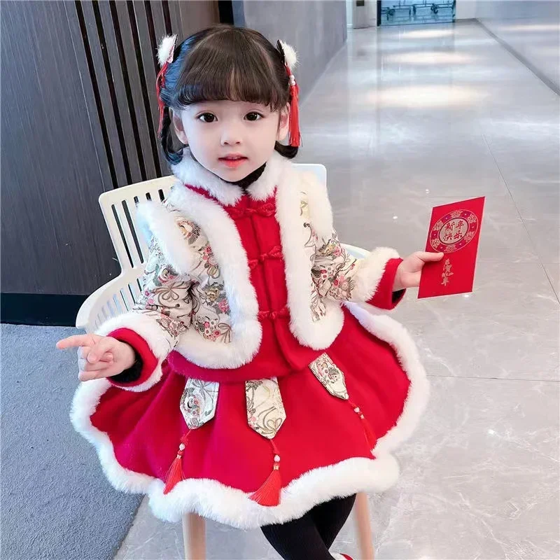 Hanfu-Vêtements d'Hiver pour Bébé Fille, Parka en Velours Trempé, Style Traditionnel Chinois, pour Nouvel An, Manteau et Jupe