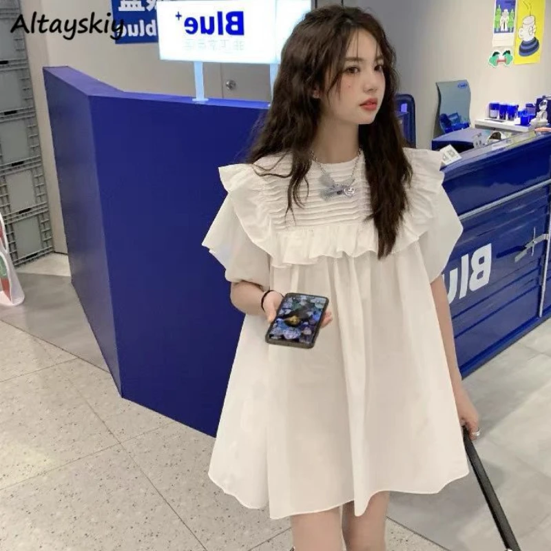 Damskie sukienki w stylu Tierred luźne rękaw z płatkami Kawaii koreański styl solidny elegancki Vintage modny miękki oddychający wypoczynek All-match