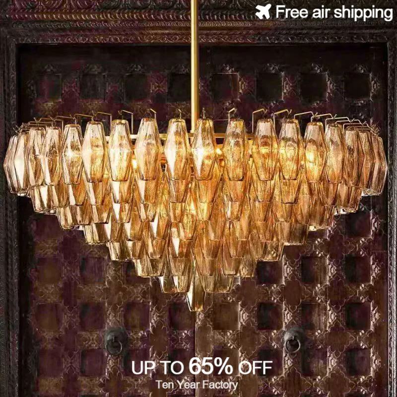 

Modern luxury art deco style creative glass shade brass color black led chandelier hanging ceiling light for dining room with de