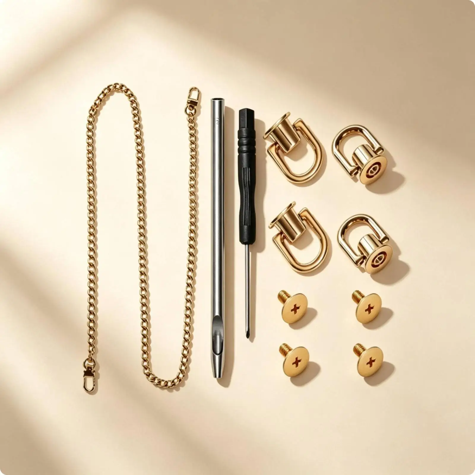 Rotating D Ring Hardware Kit for Handbag Strap Replacement with Gold Tone Metal Fasteners and Tools
