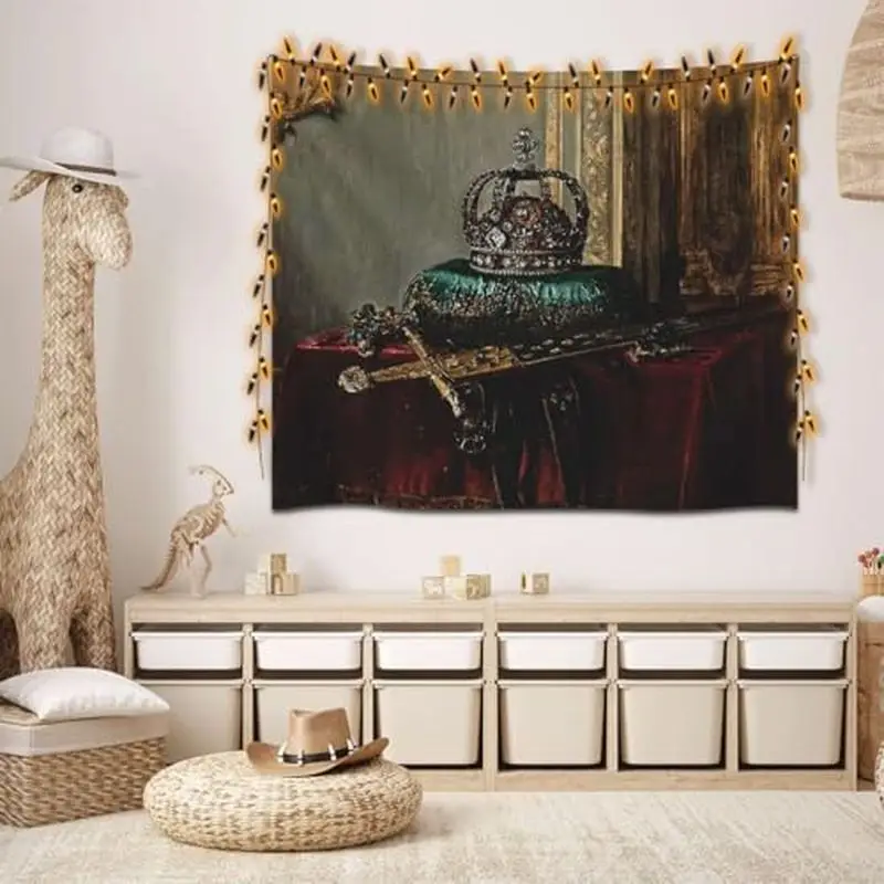 VIKAMA Crown Scepter Jewel Classical Oil Wall Tapestry Royal Regalia Red Velvet Table Gold Gem Antique Art Bedroom Living Room