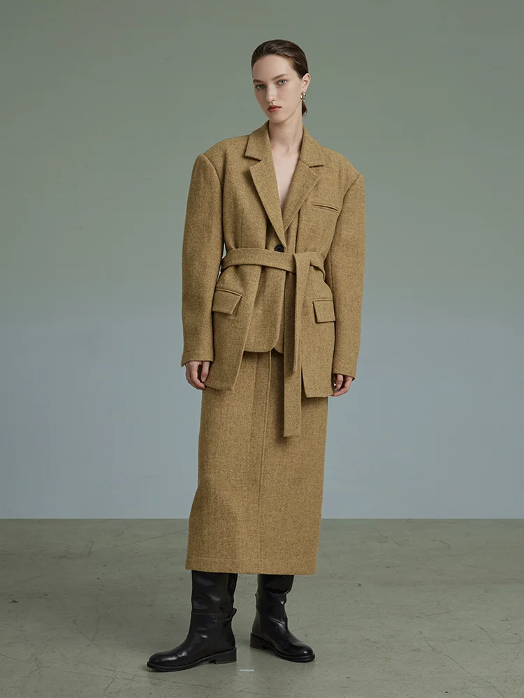 

Костюмный комплект из чистой шерсти для женщин: весенний модный оригинальный дизайн, имитация двухслойного костюма, пиджак из качественного материала, свободный крой, длинный рукав