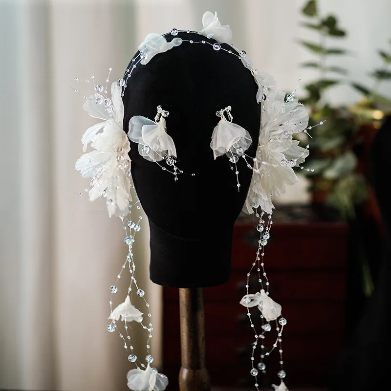 crepe petals crystal tassels bridal hair accessories ear hangs