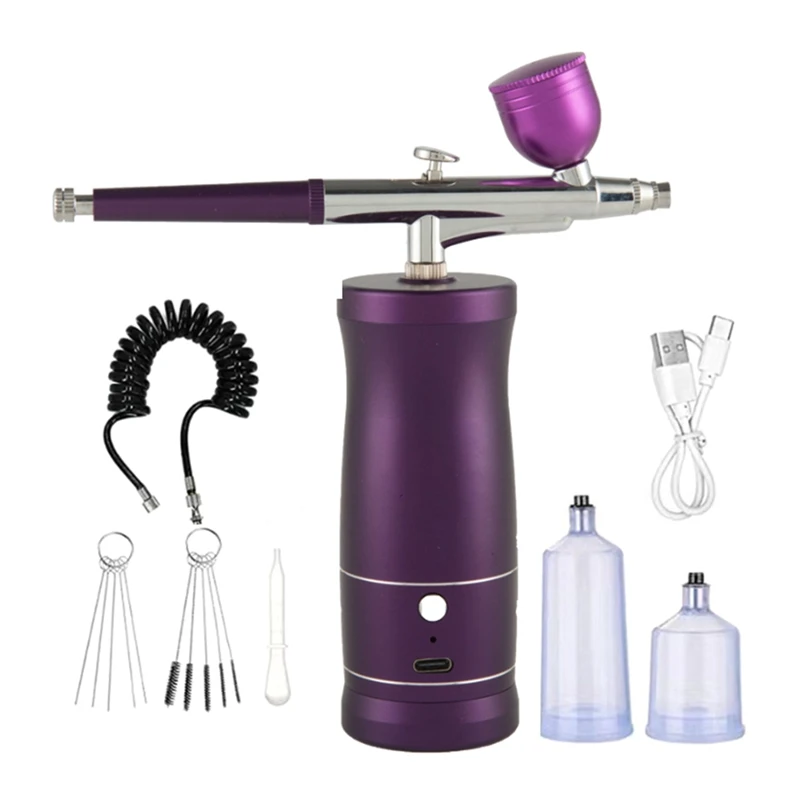 Airbrush Kit Handheld Rechargeable Airbrush Compressor Airbrush Set Portable For Nail Art Barber Makeup Cake Durable Purple