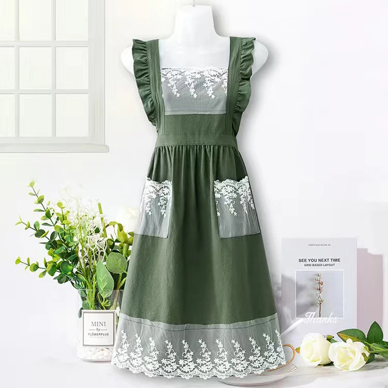 Delantal bonito de estilo coreano con volantes, delantales femeninos de encaje dulce para el hogar, tienda de flores, ropa de trabajo, babero de jardín