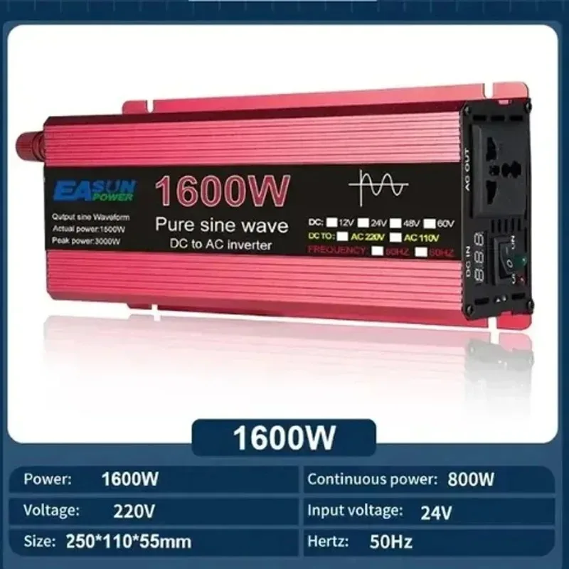 New Pure Sine Wave Inverter DC 12V/24V To AC 110V/220V 1000W 1600W 2000W 2200W Portable Power Bank Converter Solar Inverter