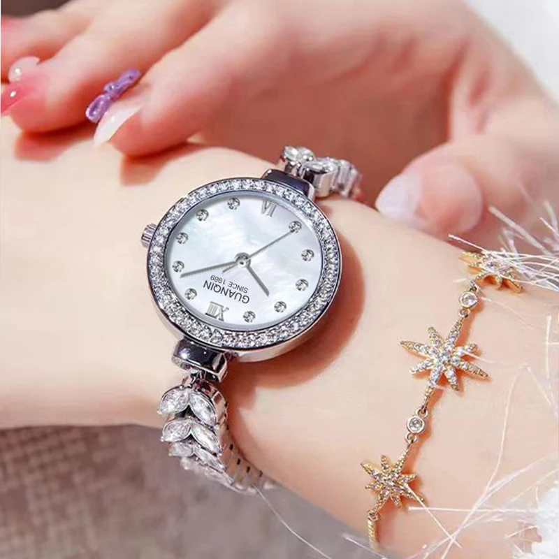 GUANQIN Luxury Women's Quartz Watch Mother-of-Pearl Dial Fish-Tail Chain Strap Leisure 30M Waterproof Watch for Lady for Gifts