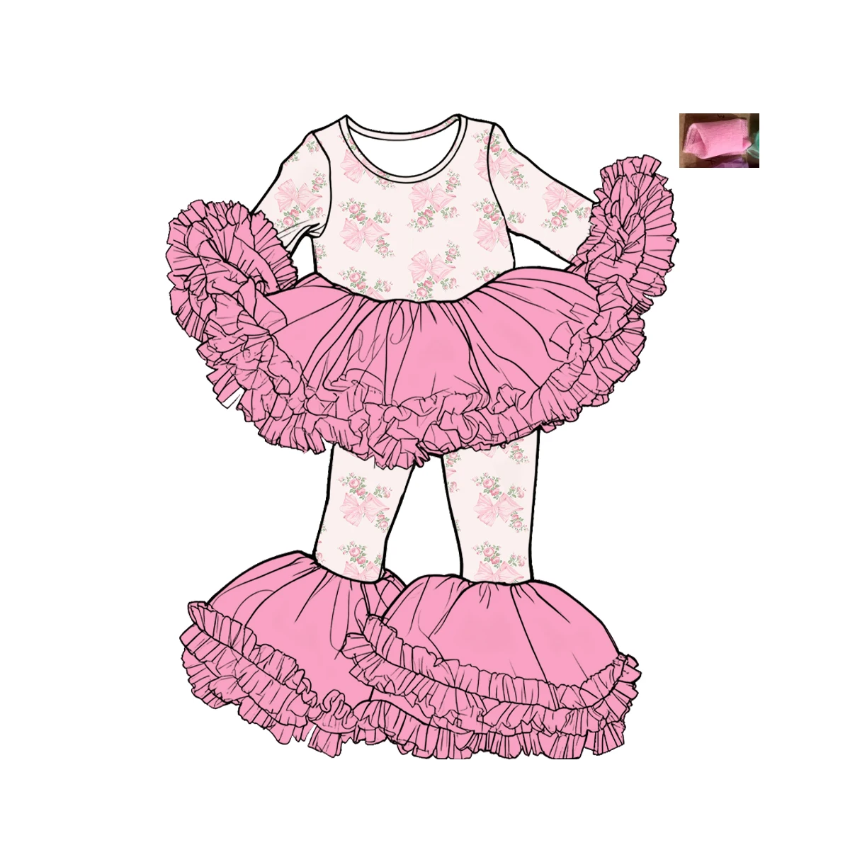 New Baby Girl Pink Tutu Outfit Ruffled Mesh Bell Pants Set Santa Claus Floral Print Long Sleeve Children Christmas Clothing
