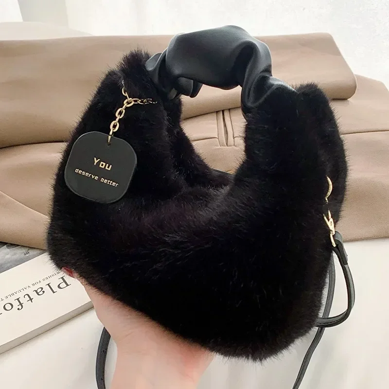 Women Soft Faux Fur Handbags Zipper Small Lady Shoulder Crossbody Bag Casual Tote Half-Moon  Warm Plush Handbag