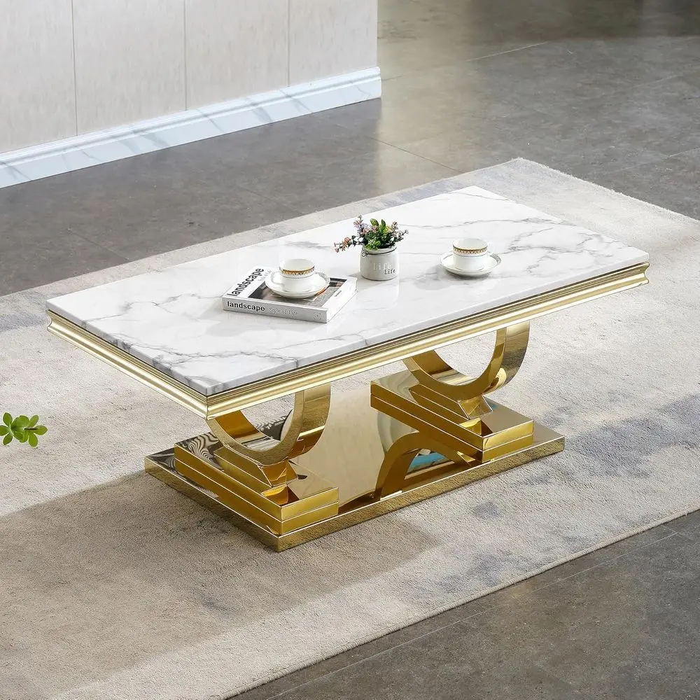 

Modern White Faux Marble Coffee Table with Gold U-Shaped Base and Stainless Steel Frame for Living Room