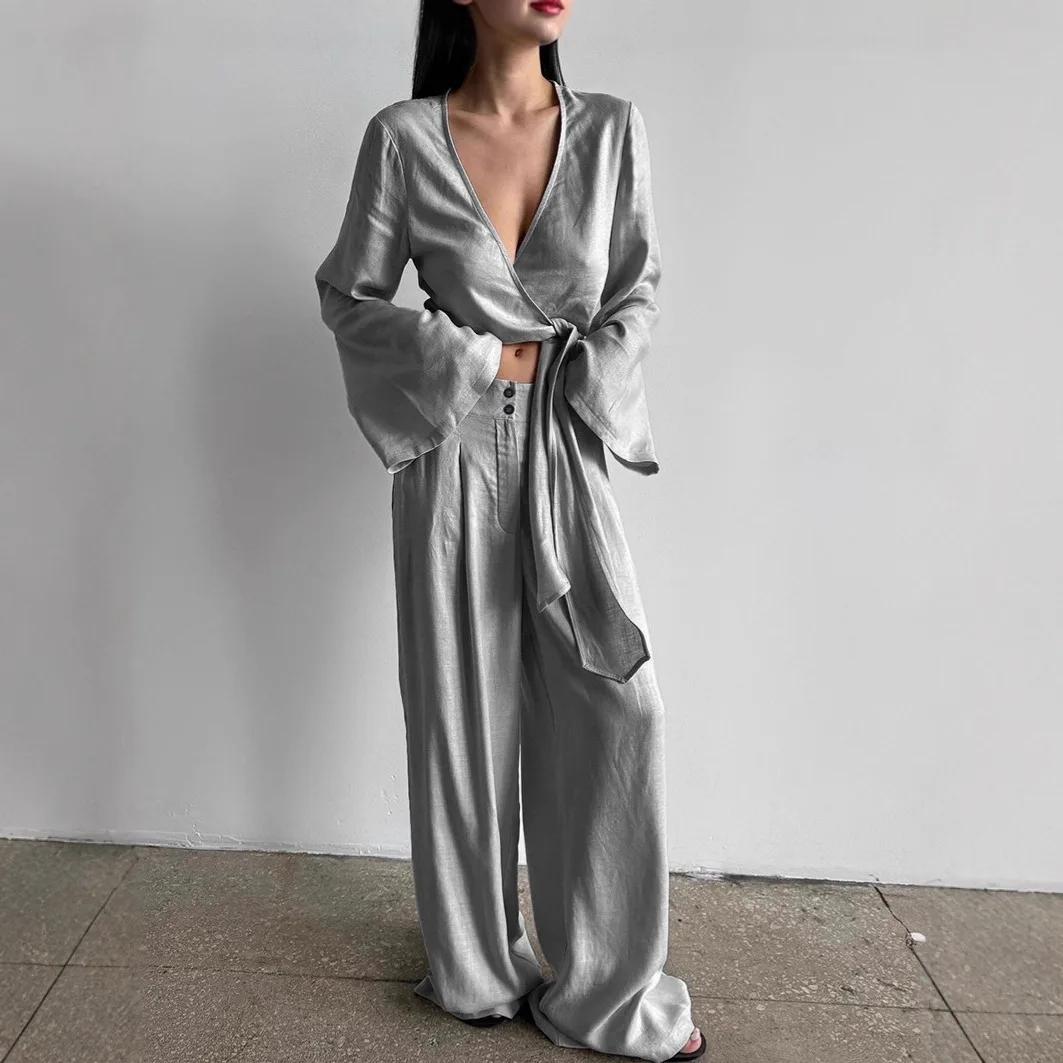 Abito da donna in 2 pezzi autunno grigio con lacci scollo a V manica svasata cardigan da donna a vita media pantaloni lunghi a due bottoni per signora