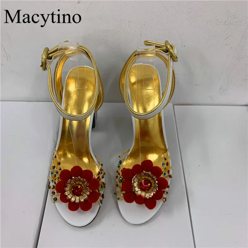 Building Block Heel Design Ladies Slippers Round Toe Flower Decor High Heel Chunky Heel Summer Fashion Party Sandals