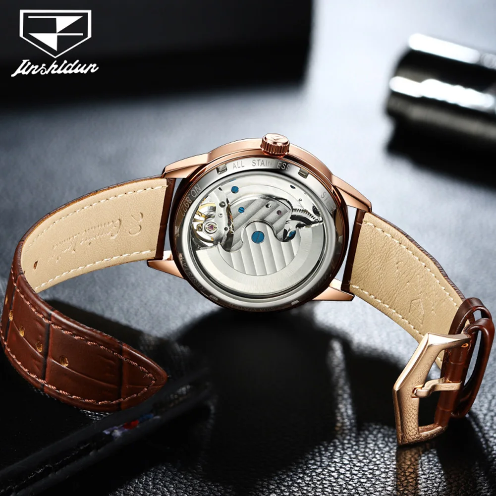 JSDUN Moon Phase orologio meccanico completamente automatico scava fuori il Design orologi da uomo di marca originale di moda cinturino in pelle