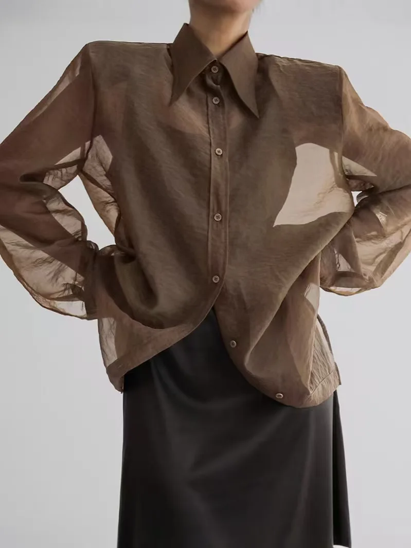 Ele Vintage Long Sve Me irt Vestibilità ampia Sexy Vedi resistente da pendolarismo Sle Colletto in puro colore abbottonato