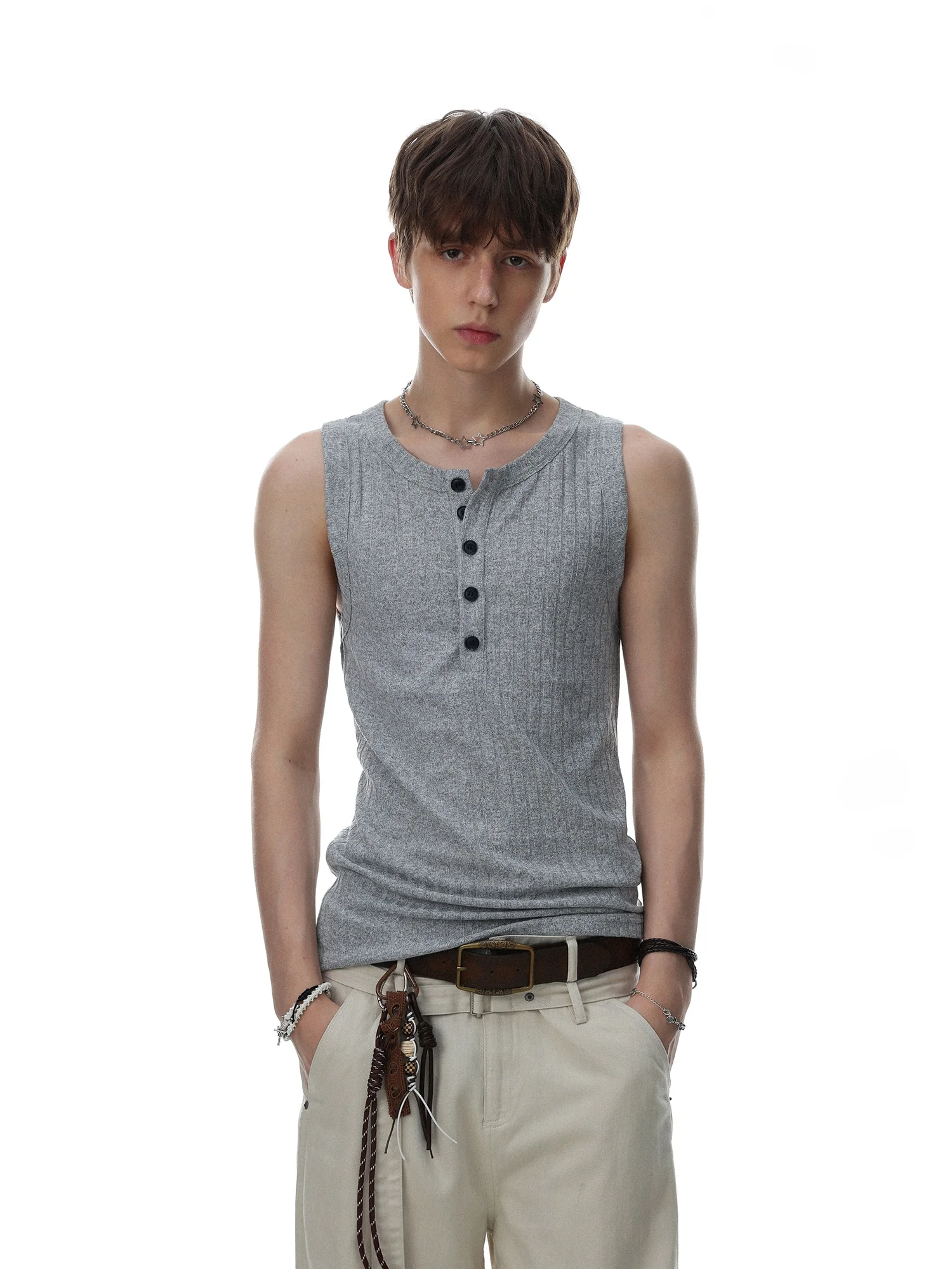 Cleanfit American Style Men's Slim Fit Knitted Henry Collar Vest Breathable Casual Top Button Decorated Shoulder Patch
