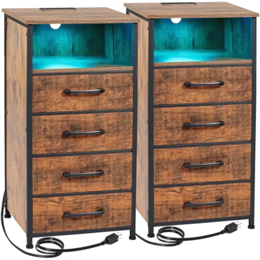 Conjunto de 2 Mesas de Cabeceira Altas com Estação de Carregamento para Quarto, Mesas de Apoio com 4 Gavetas, Mesas Laterais com LED, Portas USB e Tomadas