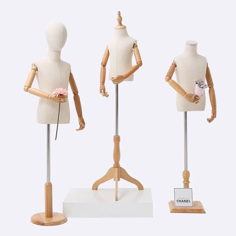 Kid Dress Form Fabric Cover Half Body Children\'s Model Mannequin Model Torso Wood Base With Wooden Arms For Window Display