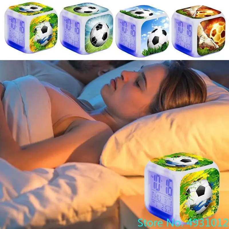 8x8x8cm Digital Football Alarm Clock Creative LED Clock Cube with Colorful Light To Display Time Week Month Temperature Home