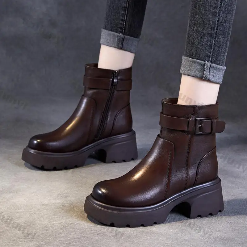 Women's Boots 2024 Autumn Winter Plush Warm Korean Retro Comfortable Height Increasing Outdoor Belt Buckle Non-slip Ankle Boots