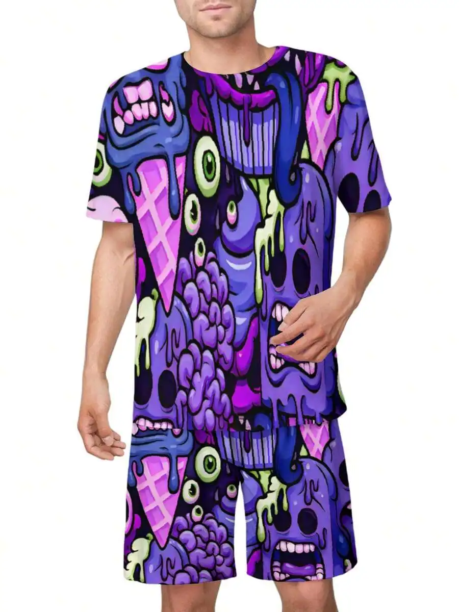 

Mens Short Sleeve T-Shirt And Shorts Set With Psychedelic Skull Ice Cream Pattern Casual Summer Outfit