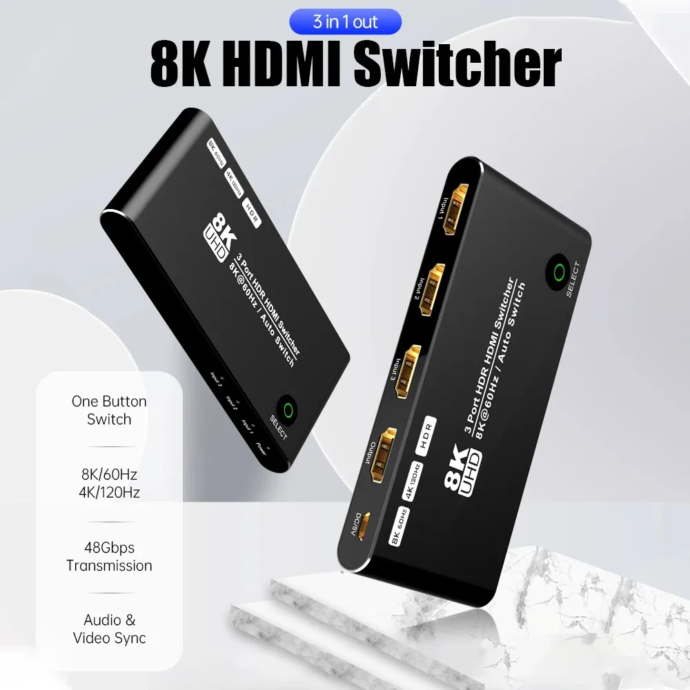 8K HDMI-compatible 3 in 1 Out Switcher Selector Box HD 2.1 Switch High Speed 48Gbps  8K@60Hz 4K@120Hz for PS5 Projectors Monitor