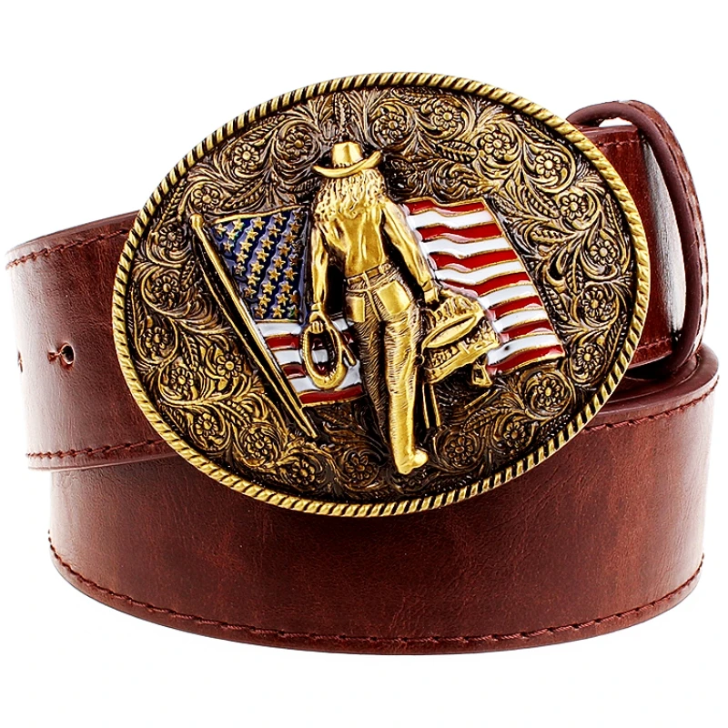 Bandeira americana selvagem ocidental cowboy cinto moda masculina couro do plutônio metal cobre fivela wrangler wilderness rider cinto decorativo