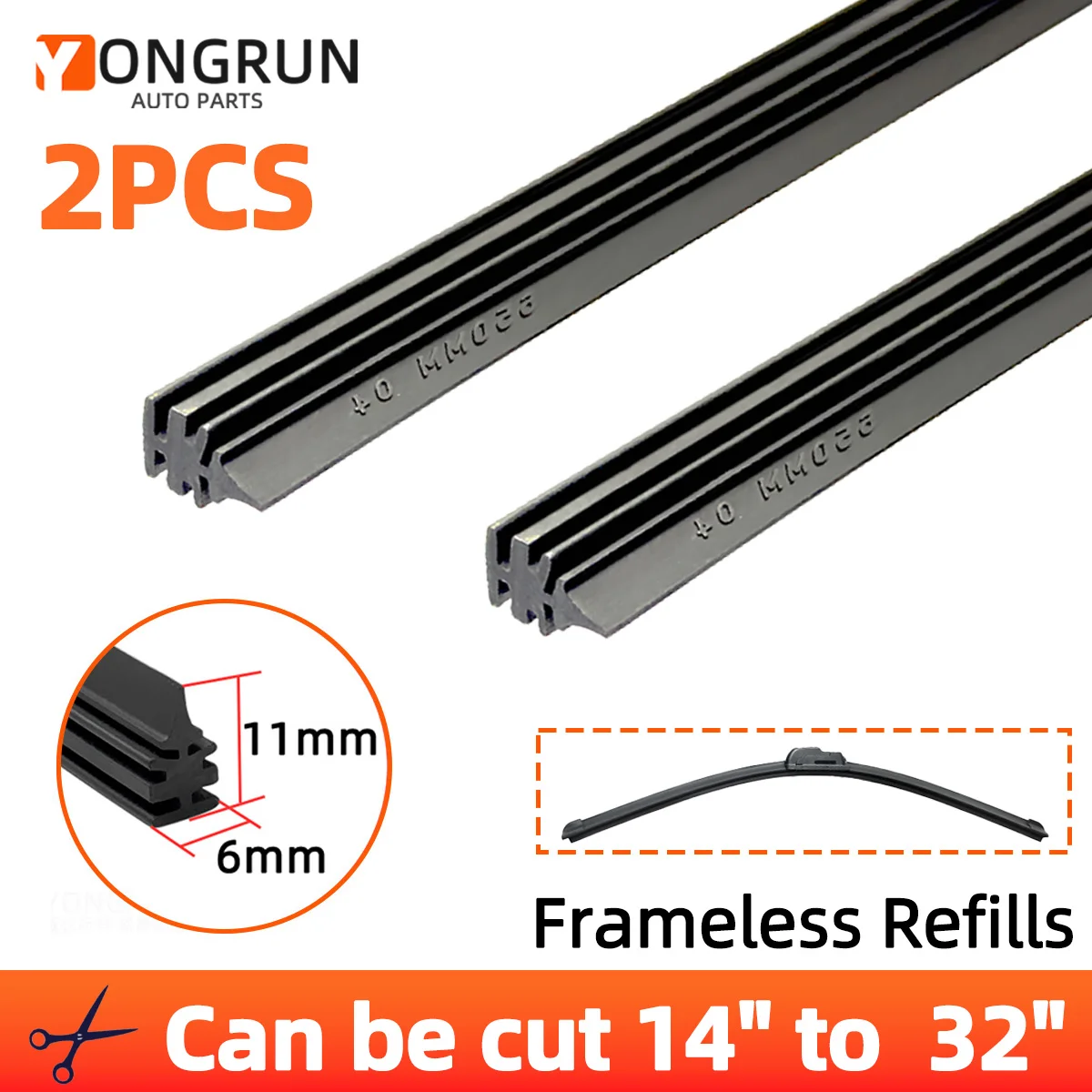 YONGRUN 2-teiliger Gummistreifen, 6 mm, knochenloser Gummistreifen für Auto-Scheibenwischerblätter, 14"16"17"18"19"20"21"22"24"26"28"30"32"