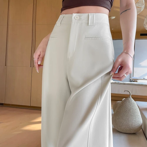2025 nueva primavera verano blanco Oficina señora pantalones de pierna ancha para mujeres elegante botón sólido coreano mujeres Casual pantalones sueltos Mujer