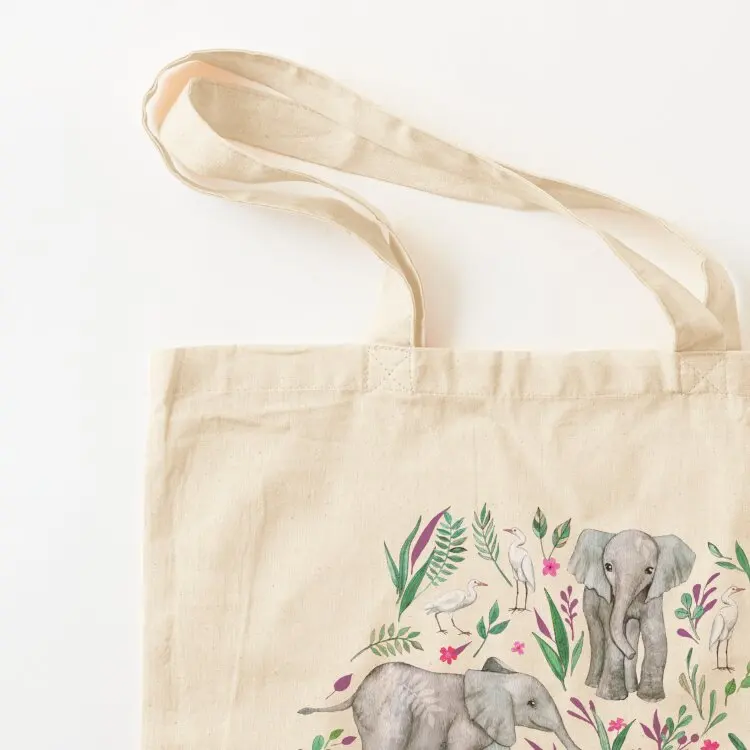 طفل الفيلة والرياضيات بالألوان المائية - حقيبة حمل حمراء بورجوندي حقيبة قماش مخصصة حقيبة تسوق نسائية للنساء