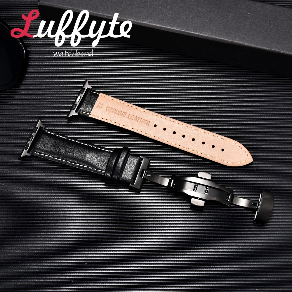 Leather Soft Strap for Apple Watch Ultra 8 7 SE 6 5 4 3  Watchband 38 40 41mm 42 44 45 49mm Black Buckle Black Connector