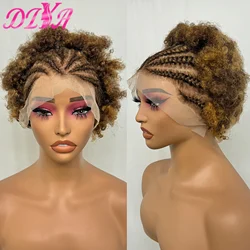 250% Density 4/30 Highlight Afro Kinky Curly Bouncy Human Hair Wig with Braids 13x4 Transparent Lace Frontal Wig for Black Women