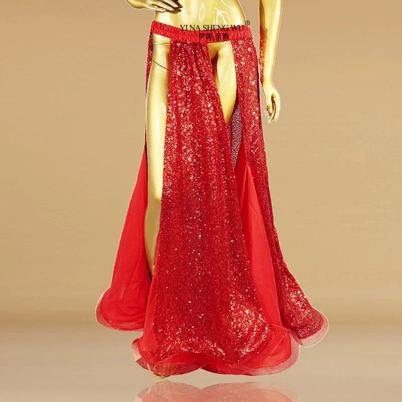 Długa spódnica do tańca brzucha na występy sceniczne i imprezy, nowy wzór, jaskrawe kolory, cekinowe aplikacje, spódnica do tańca brzucha dla kobiet, 2026.