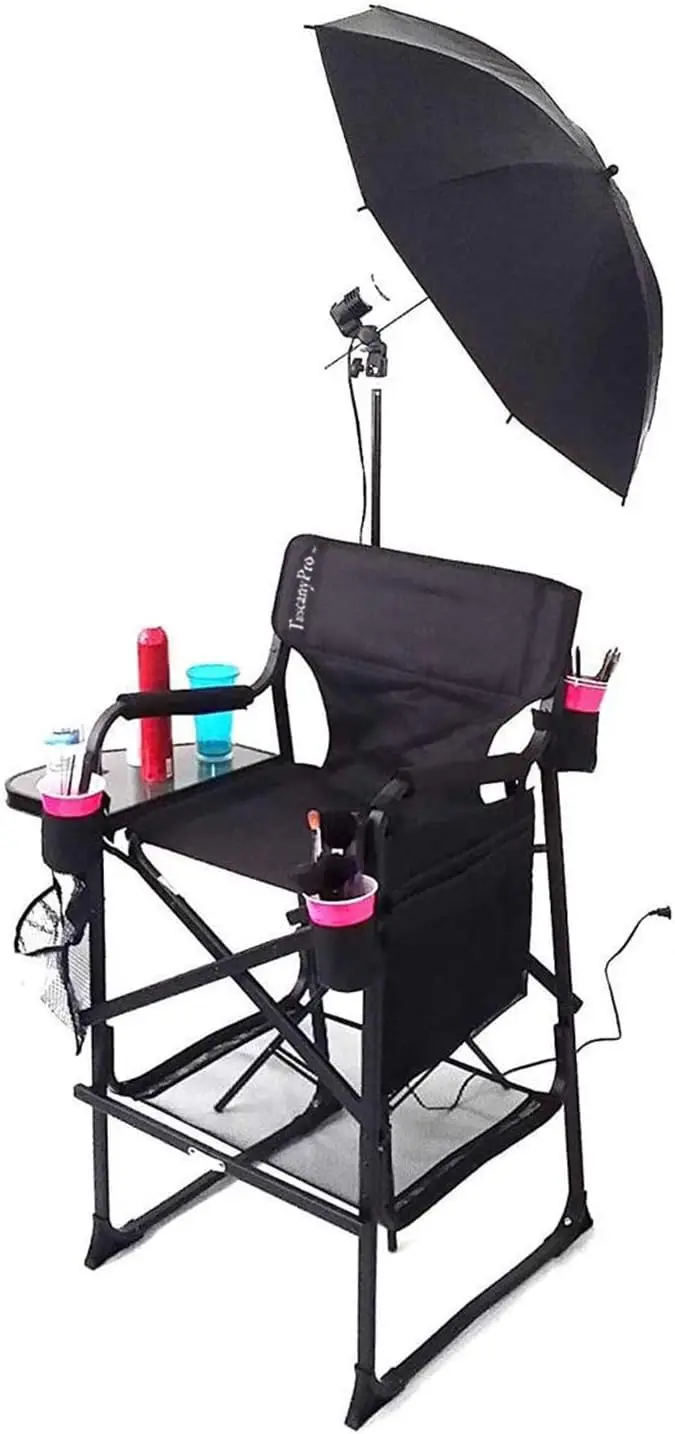 Tuscanypro Portable Heavy-Duty Makeup Artist Chair With Umbrella Light Kit - Perfect For Makeup, Salon, Events With 29 Inch