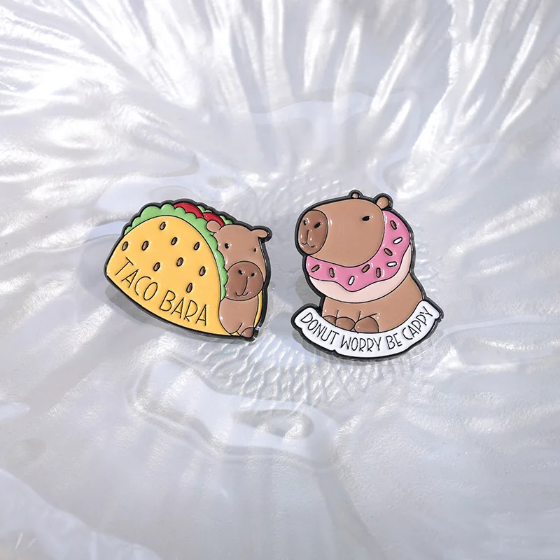 Cute Capybara food Enamel Pins Donut Taco Coffee Cake Capybara Brooch Lapel Accessories Badge Gift For Friend Jewelry Wholesale