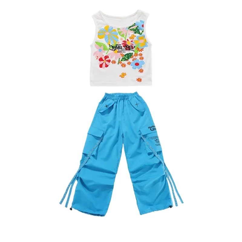 Girls Hip Hop Crop Flower Tank Top Blue Cargo Pants Kids Sweet Street Dance Jazz Skirts Costume Children Streetwear Clothes Sets