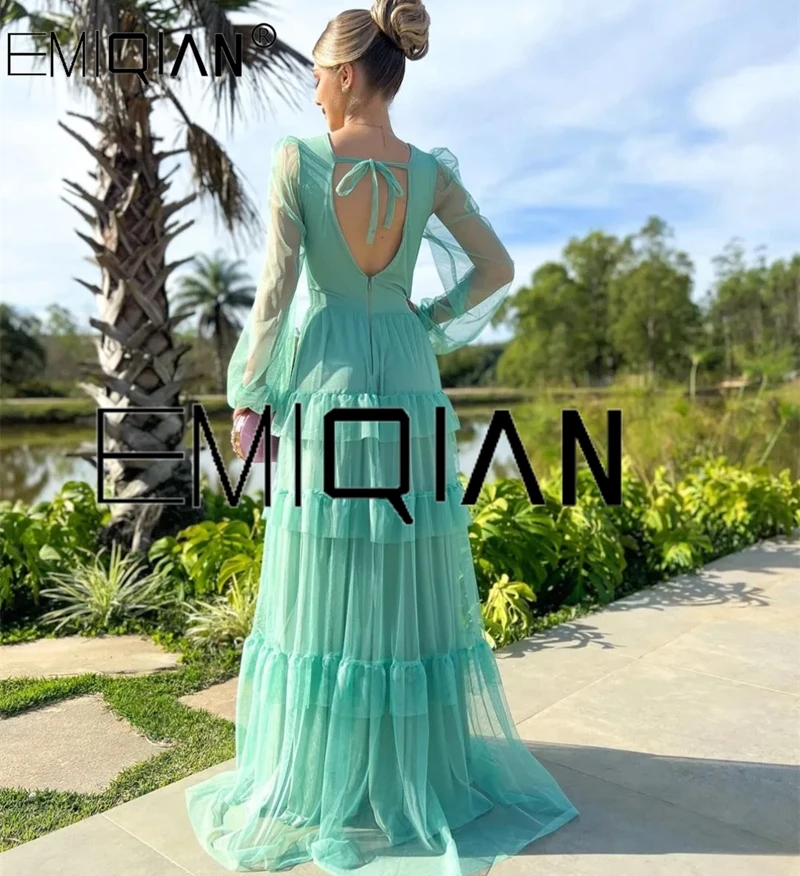 Elegant Long Sleeve Soft Tulle Prom Dresses A-Line V-Neck Tiered فساتين سهرة Floor Length Evening Dress for Women