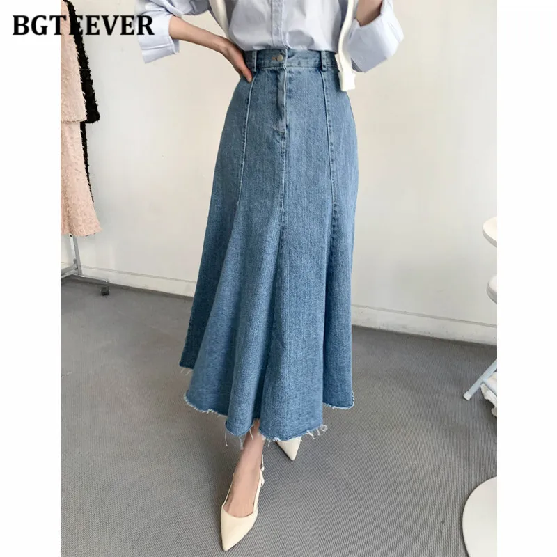 

BGTEEVER Summer Vintage Single Button Ladies Mermaid Denim Skirts Fashion High Waist Loose A-line Jeans Skirts Women