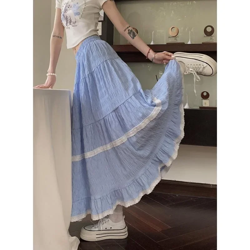 Lotus-leaf Blue Skirt Women's Summer New Solid Color Lace Design Sense Niche High Waist A-Line Long Skirt