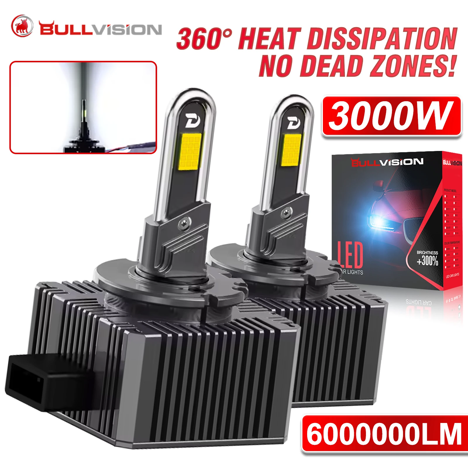 Bullvision D1S D3S LED Lights Xenon HID Kit D2S D4S LED Headlight Canbus 6000000LM Car Lights Bulbs Turbo Lamp Plug&Play 6500K