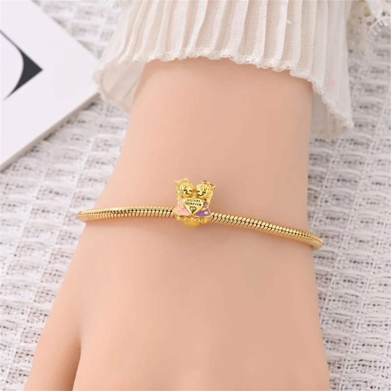 New 925 Sterling Silver Sisters Charms Beads Zircon Dangle Fit 3mm Original Bracelet DIY Women Fine Birthday Jewelry Gifts - view 4