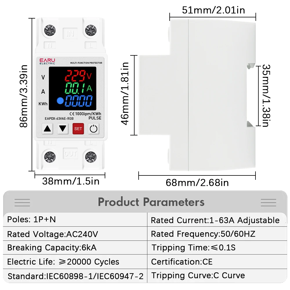 40A 63A AC 230V Din Rail Adjustable Over Voltage Under Voltage Protective Device Protector Relay Over Current Protection kWh RGB