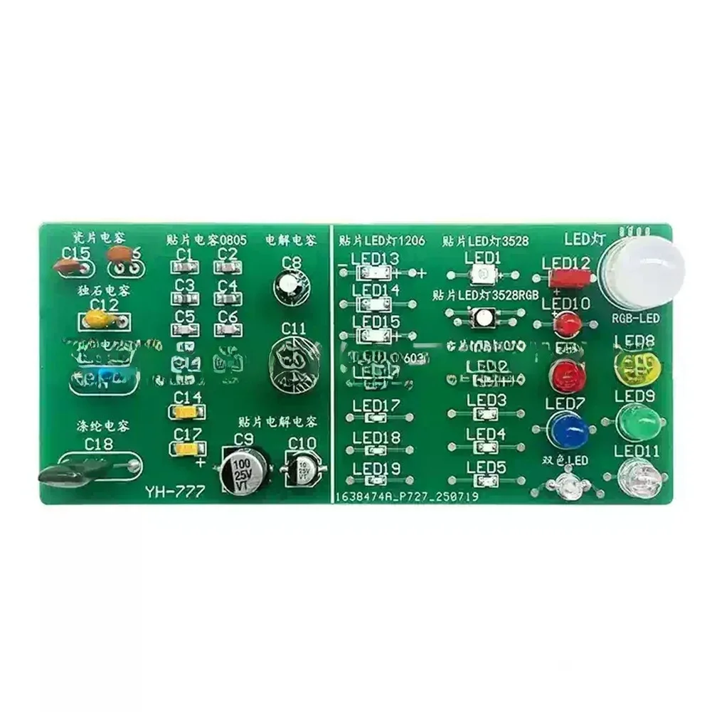 LED and Capacitor Soldering Practice Board Kit with Silkscreen Markings and Test Contacts for Learning Electronics