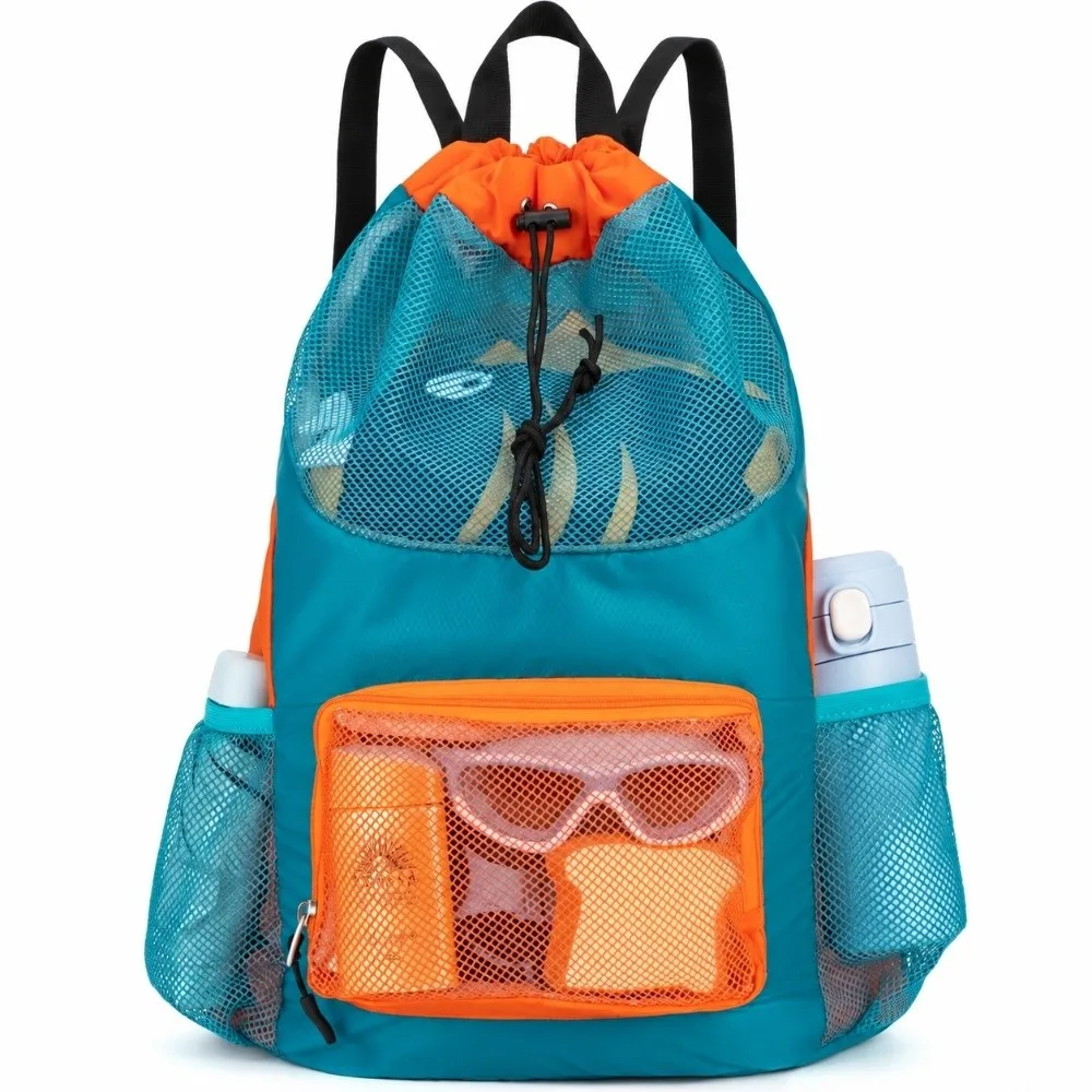 Breathable Mesh Swim Backpack Drawstring Closure Quick Dry Mesh Beach Pack Front Zip Pocket Side Bottle Pockets
