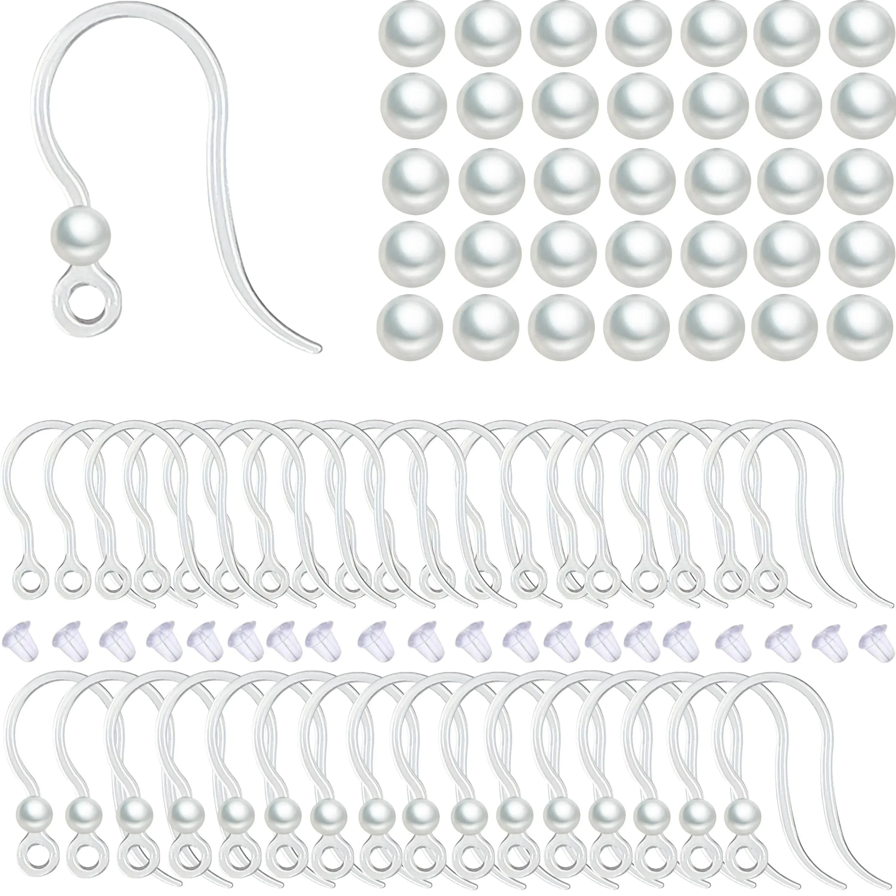 400 قطعة: 100 قطعة من نتائج القرط المضادة للحساسية - خطافات شفافة، ترصيع، 200 ظهرًا ومجموعة 100 لؤلؤ #1