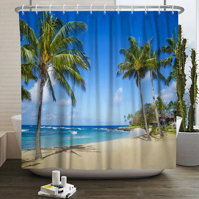 Summer Seaside Shower Curtains Ocean Beach View Coconut Trees Bath Curtain Polyester Fabric Bathroom Restroom Decor with Hooks