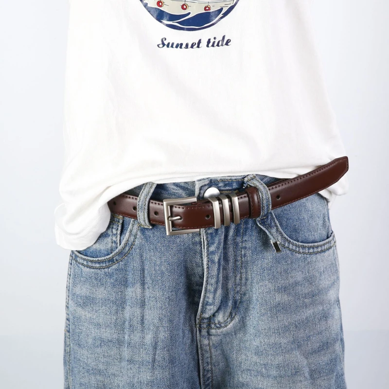 Women\'s Retro Silver Buckle Genuine Leather Belt Looks Slimmer with Jeans Waistband Trendy and Versatile Suit Leather Pants Belt
