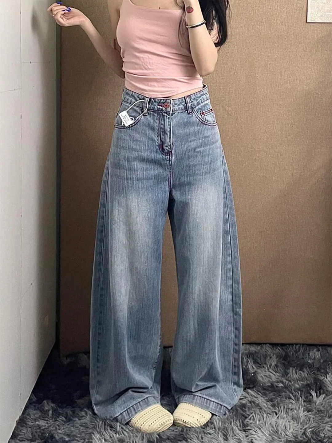 

Summer 2026 American Style High Waist Wide Leg Loose Fit Thin Jeans Vintage High Street Style Casual Pure Color Denim Pants