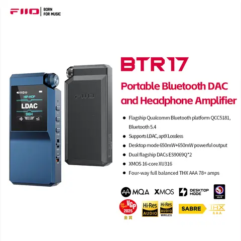 FiiO BTR17 헤드폰 앰프 Bluetooth 5.4 수신기, LDAC/aptX 무손실 지원, 고해상도 휴대용 DAC 768K/32Bit DSD512