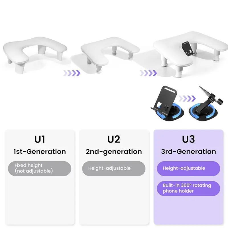 مسند ذراع قابل للتعديل بارتفاع على شكل حرف U من ABYO لتقنية الأظافر، أظافر مانيكير مع حامل هاتف دوار باللون الأبيض #2